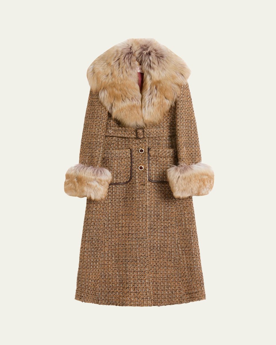 Faux Fur Trimmed Tweed Belted Coat